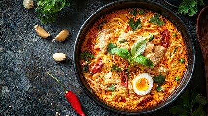 Traditional spicy Thai noodle soup with chicken vegetables herbs and boiled egg served in black bowl on dark textured background