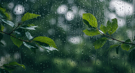 Rainy Day Serenity Green Leaves Against a Window Covered in Raindrops