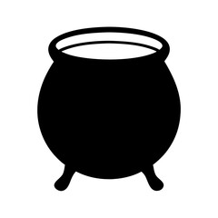 A whimsical black cauldron illustration against a white background backdrop