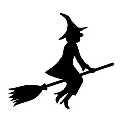 Silhouette of a witch flying on a broomstick against a white background