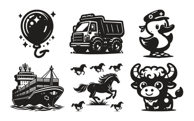 Black and white illustrations of a balloon truck duck horses and bull