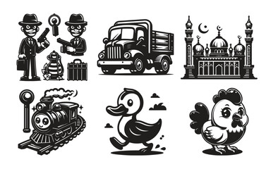 Fototapeta premium Diverse Black and White Illustrations Featuring Criminals Truck Mosque Train Duck and Chicken