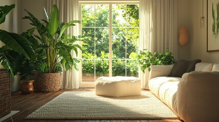 Sunny, tranquil living room with lush greenery