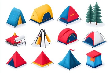 Obraz premium Camping Line Art Icon Set Collection - A set of 15 camping icons, including tents, a campfire, a picnic table, and trees. Perfect for outdoor adventures, travel
