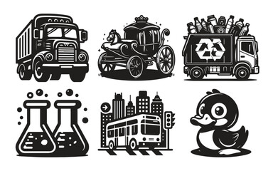 Naklejka premium Black and white illustrations of vehicles and objects,