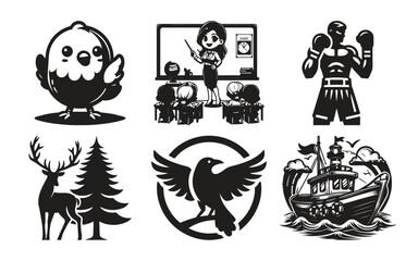 Fototapeta premium Black and white illustrations of animals teacher boxer and ship