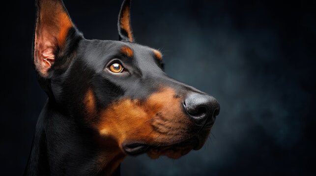 Majestic Doberman Portrait: A captivating close-up portrait of a Doberman Pinscher, showcasing its elegant features, intense gaze, and rich coat.