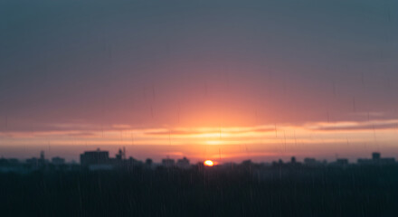 Dramatic Cityscape Sunrise View Through Rainy Window With Orange And Purple Hues