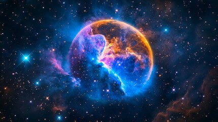 Obraz premium Celestial Nebula Sphere - A vibrant nebula, resembling a sphere, glows with intense blue, orange, and purple hues against a dark, star-filled backdrop