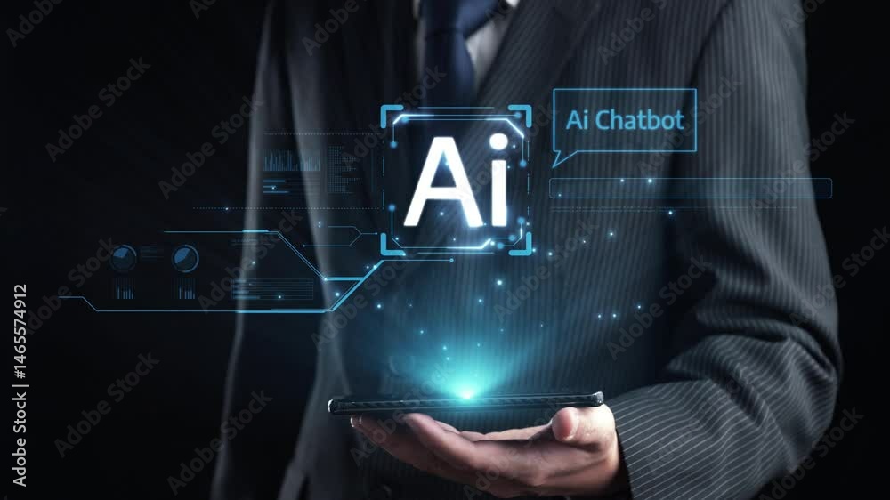 Poster human interact with ai artificial intelligence virtual assistant chatbot in concept of ai artificial