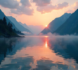 text="Explore with No Bounds" against a vast, tranquil lake at sunset with scattered fog and gentle ripples. Geometric sans-serif font, 60 pt bold, centered with tight spacing and shimmering bevel eff