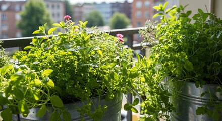 Fototapeta premium A balcony garden with various herbs and plants in metal containers on a sunny day with city view
