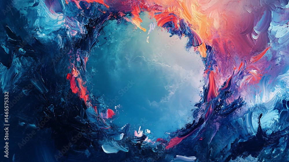 Poster colorful impasto painting creating a dramatic circular frame around a cloudy sky