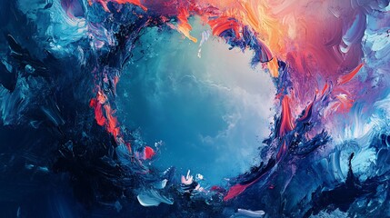 Fototapeta premium Colorful impasto painting creating a dramatic circular frame around a cloudy sky