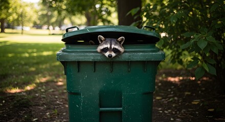 Fototapeta premium A raccoon peeks out of a green trash can in a park with trees and grass in the background scene outdoors