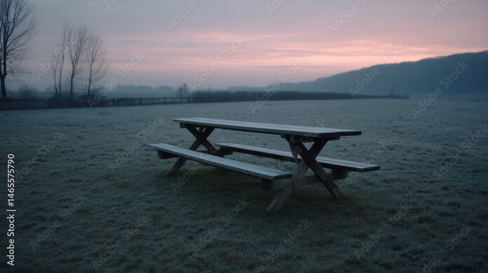 Poster a rustic pine table stands by a window, offering a view of a frost-covered meadow at dawn, illuminat