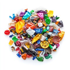 Obraz premium Assorted candy wrappers and plastic waste scattered on a white background in a circular arrangement