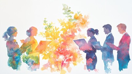 Collaborative Teamwork in Nature - Silhouette of diverse business people collaborating amidst vibrant watercolor floral backdrop, symbolizing growth and teamwork
