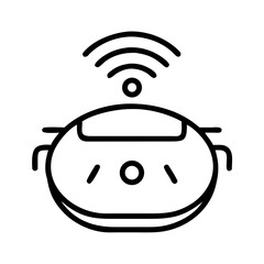 Black line icon of robotic vacuum cleaner with wireless signal, smart home cleaning device symbol, automation and modern hygiene technology