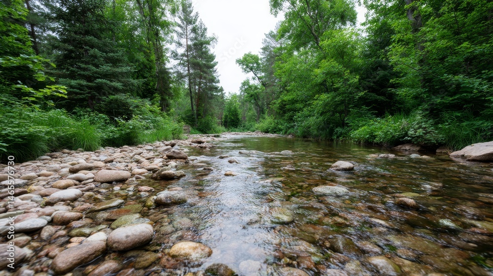 Poster A gentle stream flows peacefully over smooth pebbles surrounded by lush greenery in an emerald forest, creating a tranquil atmosphere perfect for relaxation