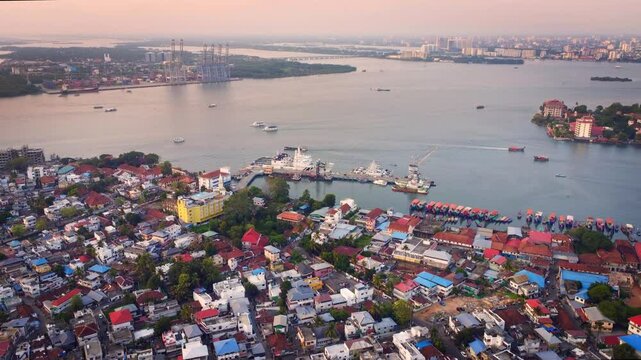 Stunning drone shot of Kochi city (also known as Cochin) in Kerala, India. It is a major port city & Often called the "Queen of the Arabian Sea, famous for Colonial architectures.