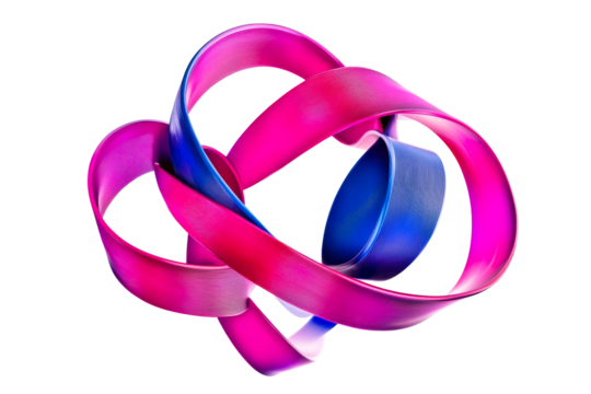Abstract interwoven curved bands, pink and blue colors, cut out transparent