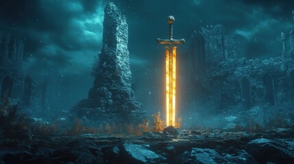 Naklejka premium A glowing magical sword stuck in a stone, surrounded by ancient ruins