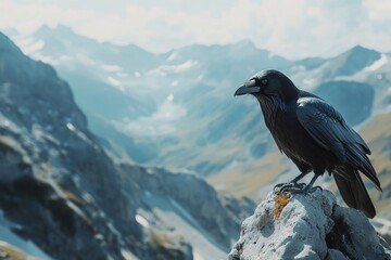 Fototapeta premium solitary crow in focus, surrounded by natural wilderness, combining vivid detail with serene and atmospheric mountain backdrop