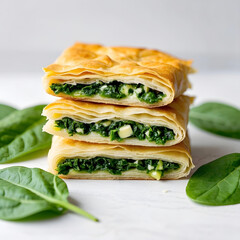 Spinach and cheese phyllo pastry stacked with crispy layers, isolated on white background