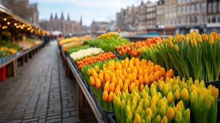 Flower Market Display: A vibrant flower market, awash in a spectrum of colorful tulips and blooms, lines a picturesque canal in a charming European town, offering a feast for the eyes.