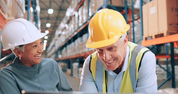 Mature man, woman and computer for logistics, warehouse and excited for stats, distribution or inventory management. People, team and pc with discussion, review or results at industrial storage plant