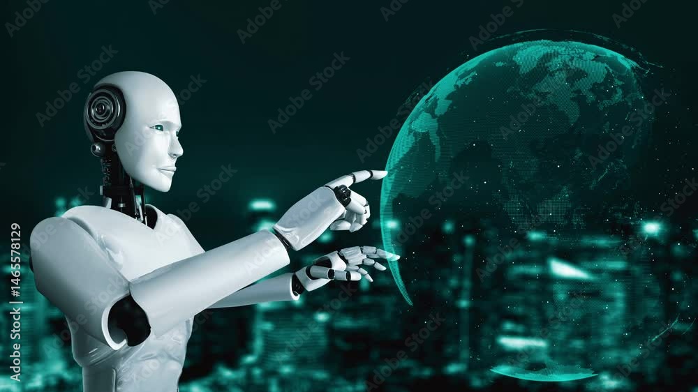 Poster ai robot huminoid uses cloud computing technology to store data on online server . futuristic concep