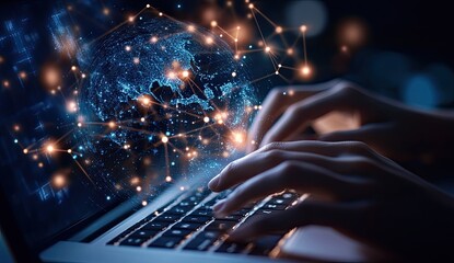 Global digital network, hands on laptop