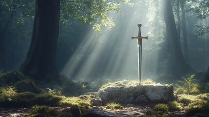 Naklejka premium A gleaming medieval sword resting on a stone altar in a dense forest, sunlight filtering through the trees