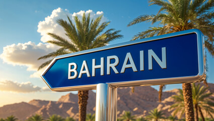 Fototapeta premium on the pole there is a direction arrow with the inscription Bahrain 