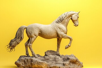Fototapeta premium A light beige horse sculpture on a rock formation.