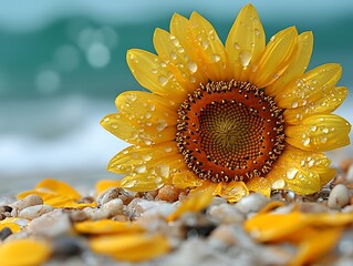 Dew-kissed sunflower on beach pebbles