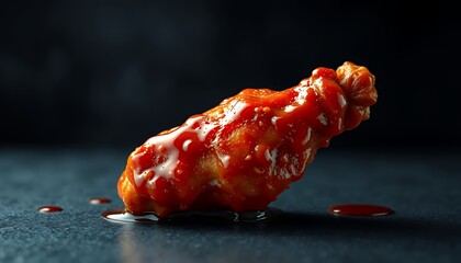Close Up Single Chicken Wing Glazed with Red Sauce on a Dark Stone Surface Perfect for Culinary Decoration and Marketing