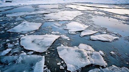 Broken ice floes on a frozen body of water.