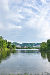 TIRANA, ALBANIA - JUNE 30, 2018: View of the artificial lake of the Grand Park of Tirana, Albania.