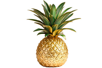 Golden pineapple fruit with green leaves, cut out transparent