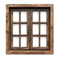 A rustic wooden window with eight panes and dark hardware on a white isolated background view