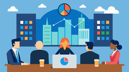 A city council meeting where data visualizations of crime rates and neighborhood income levels are presented to determine the best location for a new police station.. Vector illustration