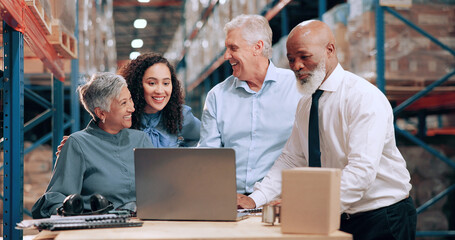 Supply chain, people and teamwork in warehouse, laptop and online schedule with cooperation. Employees, connection and meeting with internet, stock or distribution for email, industry and inventory