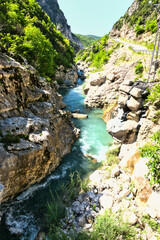 Bovilla, Albania - April 27, 2024. Attractive spring view of Bovilla Lake, Tirana city location. Majestic morning landscape of Albania, Europe. Beauty of nature concept background. Hike, breath, relax