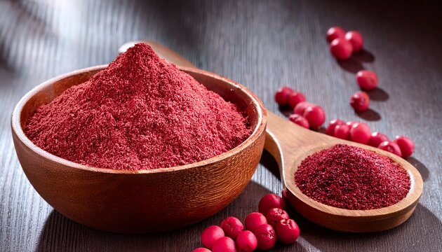 dried schisandra berry powder in wooden bowl