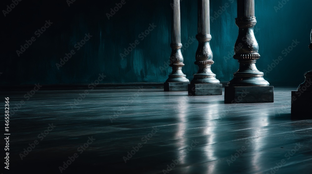 Poster elegant silver filigree pillars create a stunning visual against a deep navy backdrop, featuring a p