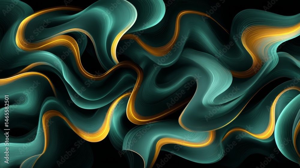 Poster This artwork features a dynamic blend of teal and gold waves that create an abstract pattern glowing softly on a sleek matte black surface, perfect for modern design