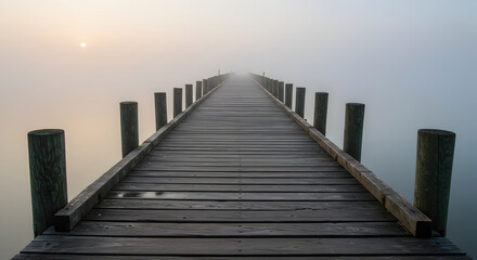 Obraz premium Tranquil Morning Scene Of A Foggy Wooden Dock Stretching Into Horizon