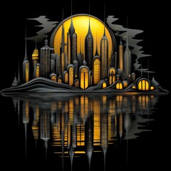 Illustration of a very stylized gothic-looking cityscape in orange and black, with reflection